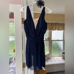 MA navy dress costume with attached bloomers. Sold with simple headpiece.